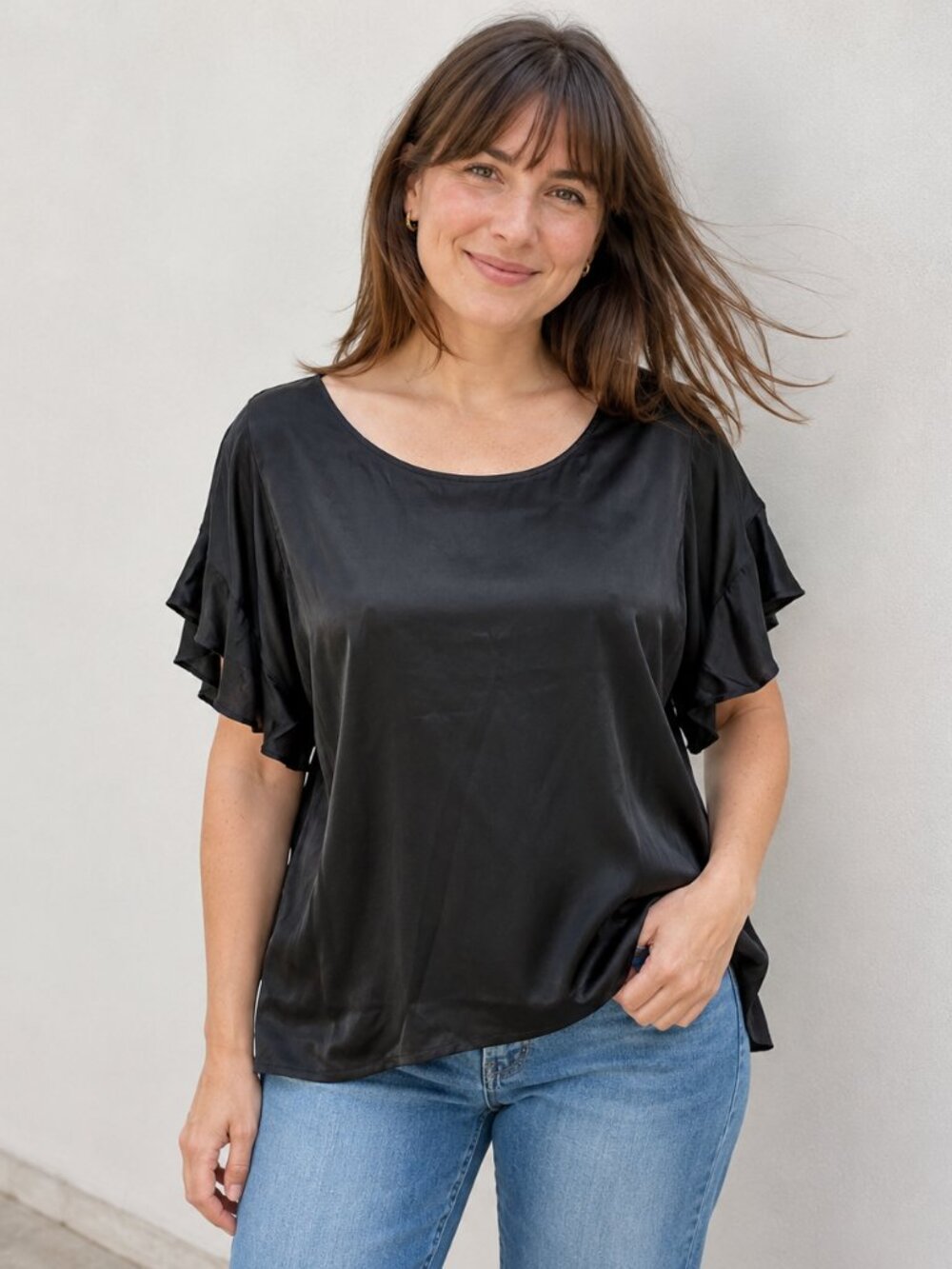 Nation  Ltd. USA Black Satin Top Butterfly Sleeves SZ M NWOT
